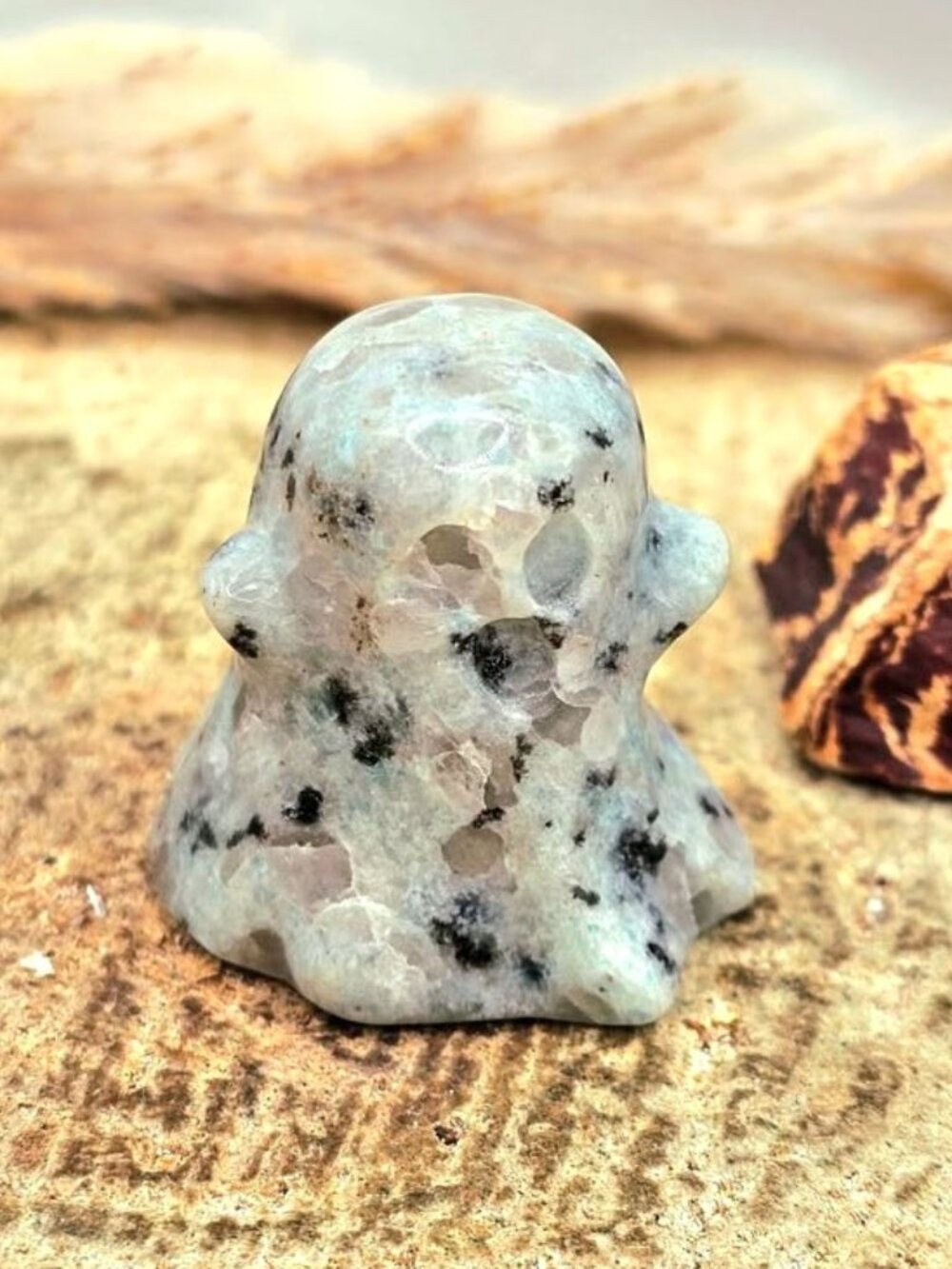 Natural Kiwi Japser Carved Ghost Decor Figure